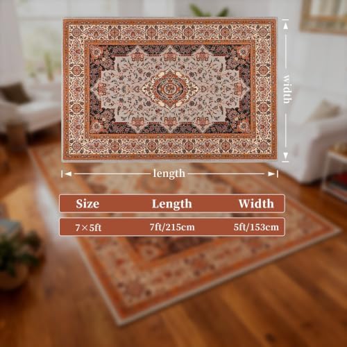 Hanples 5x7 Area Rugs for Living Room, Washable Rug Vintage Floral, Orange - Image 2