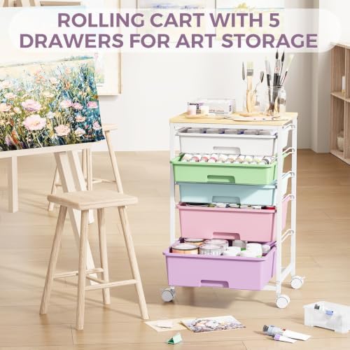 SYKIARIOL 5-Tier Rolling Cart with Drawers with Wooden Top, Ice Cream - Image 7