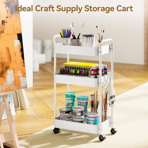 YASONIC 3-Tier Metal Rolling Cart Utility Carts with Wheels White - Image 6
