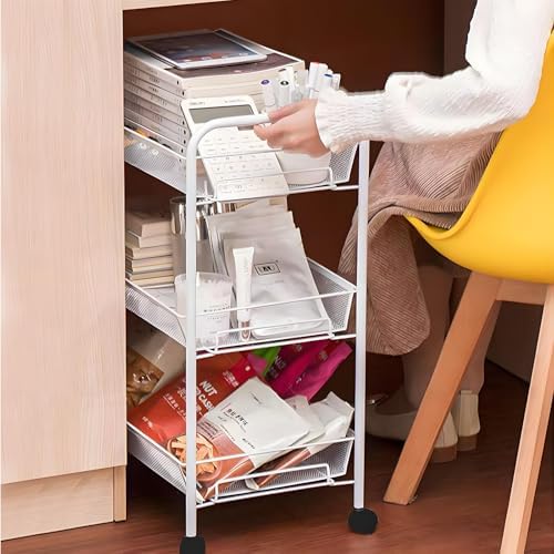 Storage Carts 3-Tier, Metal Utility Rolling Cart with Wheels, Snack Shelves, Fruit Basket Stand for Living Room, Kitchen, Office, with 360° Wheels & Hooks, White - Image 4