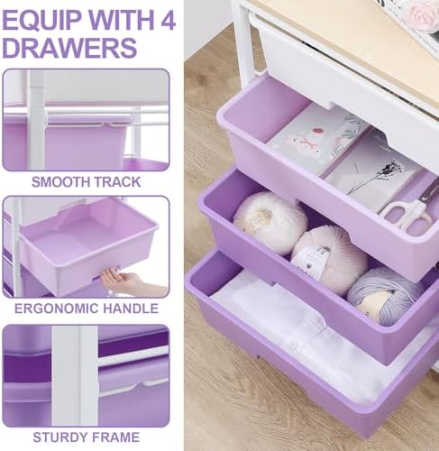 Utility Cart with 4 Drawers, Rolling Storage Cart with Drawers, Purple - Image 4