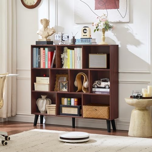 LEYAOYAO 10 Cube Bookshelf, Mid-Century Modern Book Shelf with Legs, Walnut - Image 4