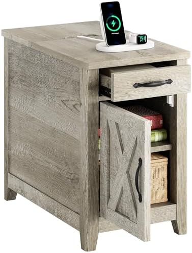 IRONCK End Table with Charging Station, Narrow Side Table, Beige Maple by IRONCK