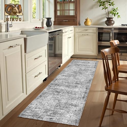 Washable Area Rug 2'6'' x 8' Vintage Traditional Persian Mat - Foldable Distressed Non-Slip Machine Washable Carpet for Living Room Bedroom Kitchen Home Decor - Graphite and Mist - Image 4