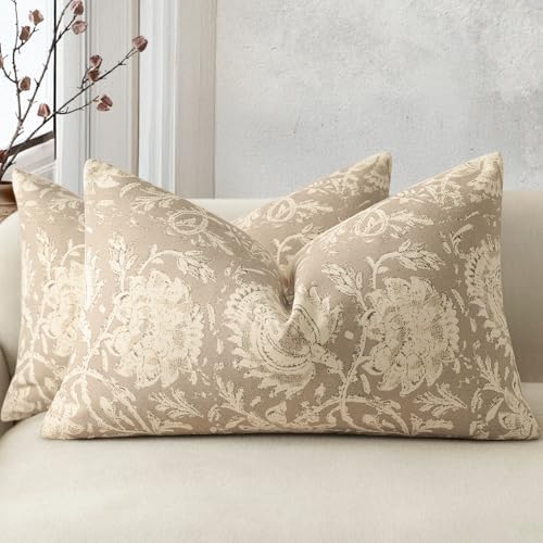 Vintage Floral Print Throw Pillow Covers 12x20 Set of 2 Neutral Modern Farmhouse Pillowcases Accent Decorative Cushion Covers Boho Home Decor for Couch Sofa Chair Bed Living Room, Latte by DKwizme