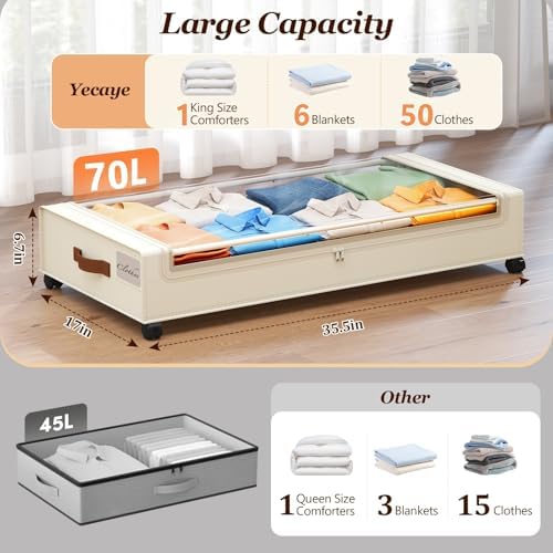 Yecaye Under Bed Storage with Wheels 2 Pack, 70L Larger Capacity Under Bed Storage Containers, Underbed Shoe Storage Organizer, Rolling Under Bed Metal Drawers for Clothes, Blankets(35.5 x 17 x 6.7in) - Image 2