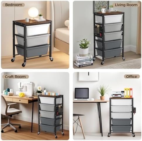 Rolling Cart with 5 Drawers, Plastic Drawer Storage Carts with Wheels & Wooden Tabletop, Metal Utility Cart with Pegboards, Office Living Room Classroom Craft Organization and Storage, Dark Grey - Image 6