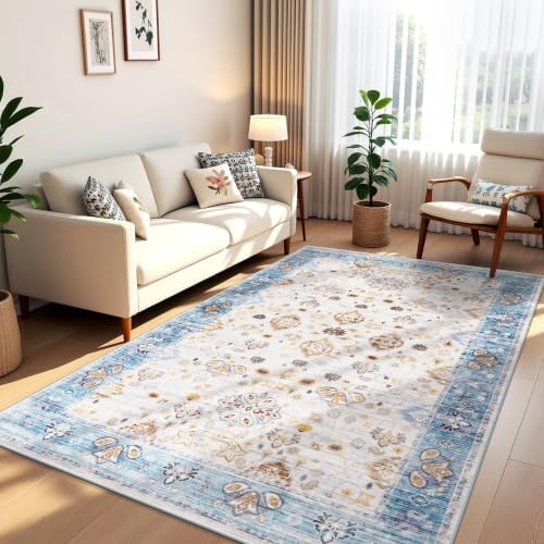 Hanples 5x8 Area Rugs for Living Room, Washable Rug Vintage Floral, Blue by Hanples