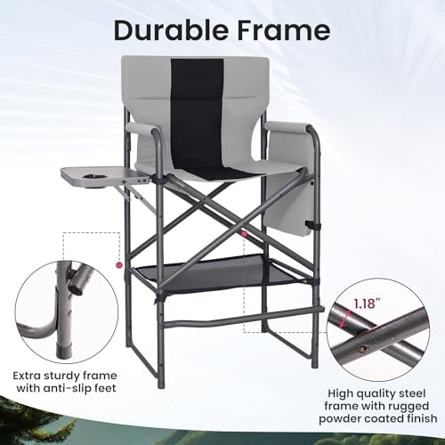 Tall Directors Chair 30" Seat Height, Bar Height Folding Chair with Side Table, Foldable Camping Chair with Side Pocket for Makeup Artist, Sports Event, Supports 400LBS - Black - Image 3