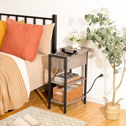 HOOBRO Side Table, Flip End Table with Charging Station and Shelves, USB Ports & Power Outlets, Narrow Nightstand for Small Spaces, Living Room, Stable and Sturdy, Greige and Black BG341BZ01 - Image 5