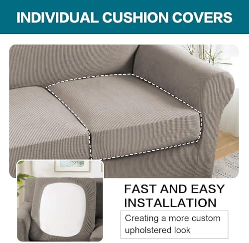 Turquoize 4 Piece Couch Covers for 3 Cushion Couch Sofa Pet Friendly Stretch Couch Cover for Dogs Washable Sofa Covers with Individual Couch Cushion Covers, Jacquard Fabric (3 Cushion Sofa, Taupe) - Image 5