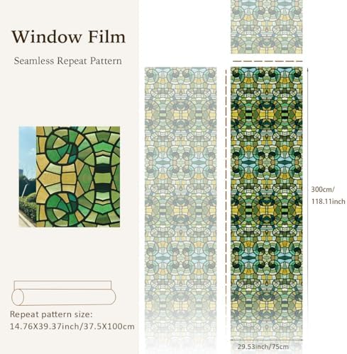 Funlife Privacy Glass Window Film - Single Sided Static Cling Covers for Bathroom Windows, 29.53"x118", Green Glass Mosaic - Image 3