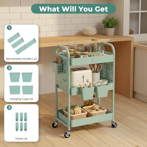 danpinera Rolling Cart, Movable Utility Organizer with Retractable Dividers & Pegboards for Kitchen, Bathroom, Office - Image 3