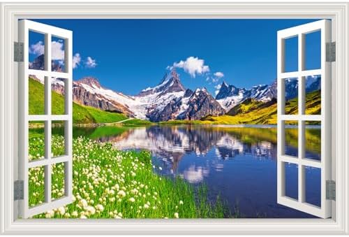 Fake Window Wall Sticker - Mountain Lake Landscape Home Art Decor Mural | Faux Window Spring Blue Sky Cloud Natural Scenery Mural｜ Stick and Peel Wall Decals｜Room Bedroom Office Scene Decor｜24"x16" by Clickhere