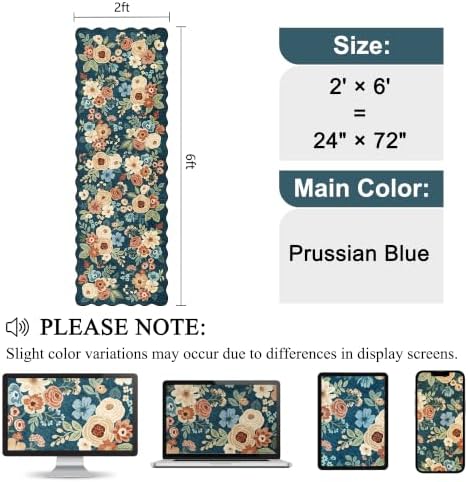 DUKINO 2x6 Runner Rug, Floral Washable Rug for Kitchen, Prussian Blue - Image 2