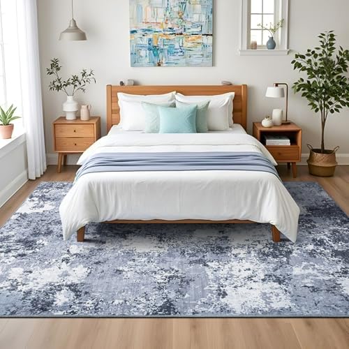 Modern Abstract 4x6 Rug, Soft Washable Area Rug for Bedroom, Non Slip Thin Foldable Low Pile Stain Resistant Carpet for Living Room Dining Room Home Office Decor, Blue White - Image 4