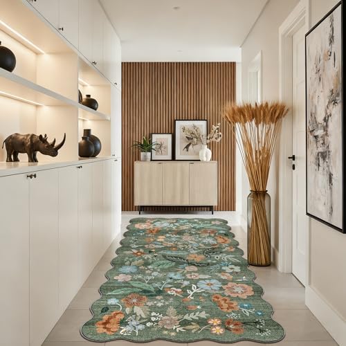 4x8 Washable Area Rug for Family: Stain Resistant Wide Floral Scalloped Kitchen Rug Soft Carpet for Entryway Bathroom Bedroom Farmhouse Living Room Floor Mat with Non Slip Backing(4x8, Floral/Green) - Image 6
