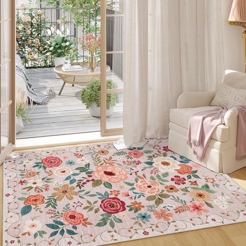 DUKINO 2x3 Entryway Rug, Floral Door Mat Soft Washable Rug Non Slip, Beige - Image 6