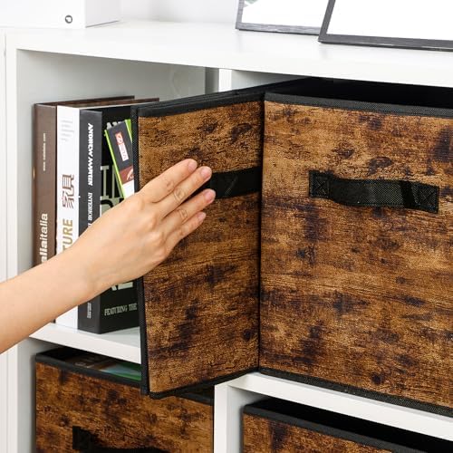 Stero Fabric Storage Cubes, 6 Pack Foldable Storage Bins with Handle, 11 Inch Box for Shelves, Closet, Organizer, Rustic Brown and Black - Image 7