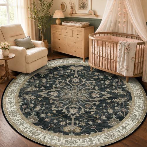 RELEANY Washable Area Rug, Round 5ft, Black/Vintage/Beige by RELEANY