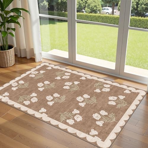 3x5 Floral Entry Rug - Small Washable Indoor Outdoor Mats for Front Door Non-Slip Porch Rug Tan Boho Neutral Farmhouse Throw Rugs for Living Room Bedroom Entryway Kitchen Office Porch Decor by Othilic