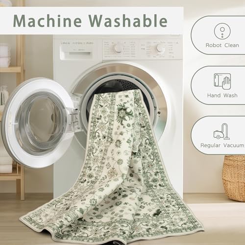8x10 Washable Area Rugs for Living Room,Bedroom,Dining Room - Green Retro - Image 4