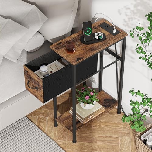 Vagusicc End Table Set of 2 with Charging Station, Narrow Side Table Nightstand with Fabric Drawer, Slim Nightstand for Bedroom, Small Bedside Table, Slim Side Table for Small Spaces, Rustic Brown - Image 6