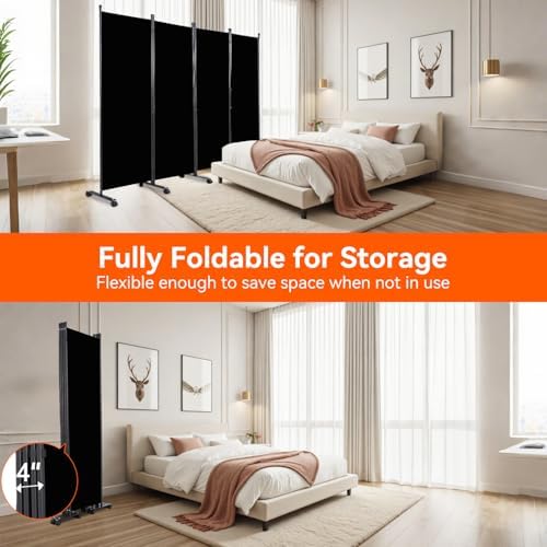 88" W 4 Panel Room Divider, Portable Privacy Screen W/Wheels Freestanding - Image 6