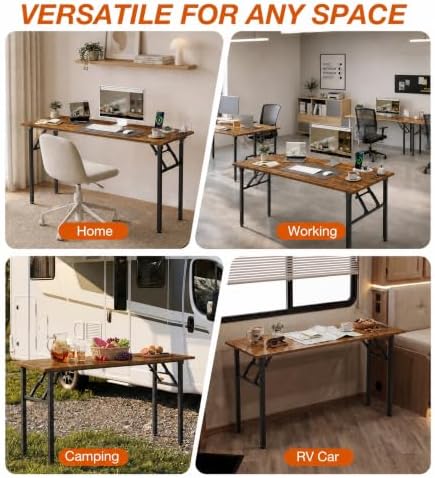 XBurmo Small Folding Desk Folding Table, No Assembly Foldable Desk Gaming Desk, 55.1-Inch Computer Table Workstation with 2 AC Outlets and 2 USB Ports for Bedroom and Home Office, Rustic Brown - Image 7