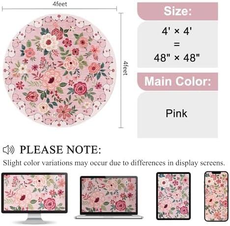 DUKINO 4ft Round Rug, Floral Washable Small Round Area Rug Non Slip, Pink - Image 2
