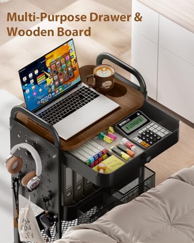 ALVOROG 3 Tier Metal Rolling Cart with Drawer,Wood Top,Pegboards,Black - Image 2