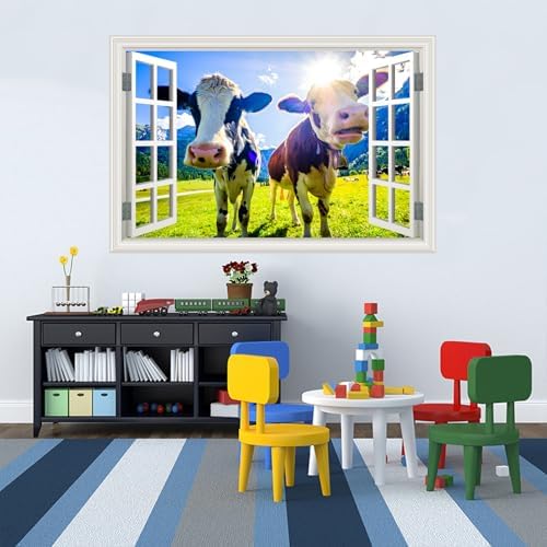 Fake Window Wall Decal - Funny Peeking Farm Cow Grassland Scene Art Sticker | ｜Faux Window Natural Scenery Landscape Mural ｜ Stick and Peel Wall Decals｜Room Bedroom Office Decor｜48"x32",Set of 2 Sheets - Image 6
