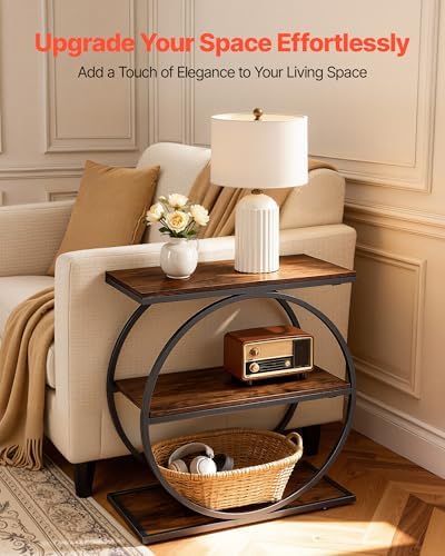 VEVOR End Table, 3-Tier Narrow Side Table with Open Storage Shelves, Modern Nightstand Bedside Desk with Round Metal Frame, Wood Sofa Coffee Desk for Living Room, Bedroom, Office, Rustic Brown - Image 3
