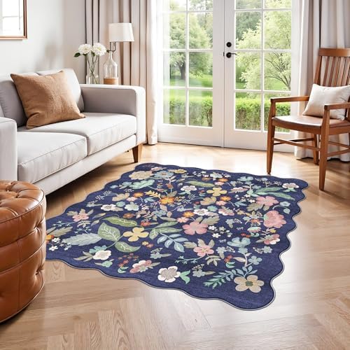 Floral Square Area Rug for Family: Washable 5x5 Scalloped Carpet for Living Room Bedroom Soft Water Resistant Floor Mat with Non Slip Backing for Kitchen Nursery Dorms Farmhouse Home Decor(5x5,Purple) by HYHAOYUNLAI