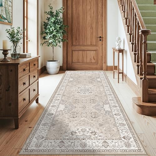 Washable 3x8 Kitchen Runner Rug: Indoor Oriental Hallway Carpet Low-Pile Stain Resistant Entryway Bathroom Area Rug Non Slip Vintage Soft Floor Mat for Living Room Bedroom Boho Home Decor(3x8,Beige) - Image 5