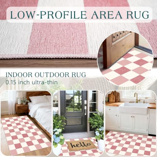 Pink White Checkered Rug, 28"x43" Doormat Indoor Outdoor Entrance - Image 5