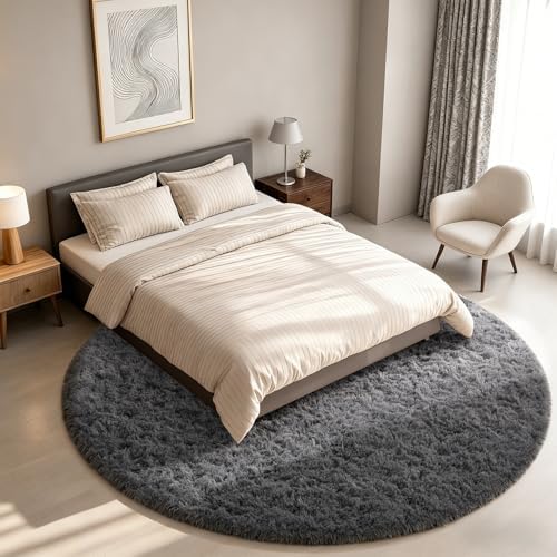 Ophanie Round Rug 7Ft Grey Circle Area Rugs,Large Fluffy Fuzzy Living Room Carpet 7 Foot,Plush Shag Solid Indoor Floor Gray Bedroom Circular Decor for Kids Teen Boys Baby,with Over 99 pcs Pile fibers - Image 3