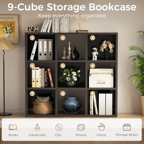 COMHOMA 9 Wood Cube Storage Organizer with Open Back and Removable Back Panels, 11In Black Cube Storage Bookshelf, Cubicle Shelf Bookcase for Home Office Bedroom Living Room, Vertical or Horizontal - Image 6