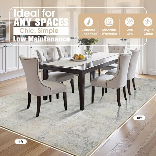 5x8 Area Rugs for Living Room Washable Bedroom Dining Room Beige Grey - Image 2