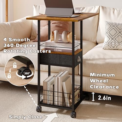 Rolling C-Shaped Side Table with Wheels and Oversized Wood Top, Mobile Overbed Stand with Drawer for Bed or Sofa, Metal Frame Couch Companion for Living Room, Bedroom, or Home Office (Large Desktop) - Image 5
