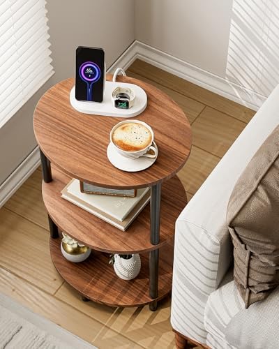 Small Round Side Table - 3-Tier Oval Accent Table for Small Spaces, Rustic Wood and Metal Nightstand for Living Room or Bedroom, with Built-in USB Ports and Power Outlet, Rustic Walnut - Image 4