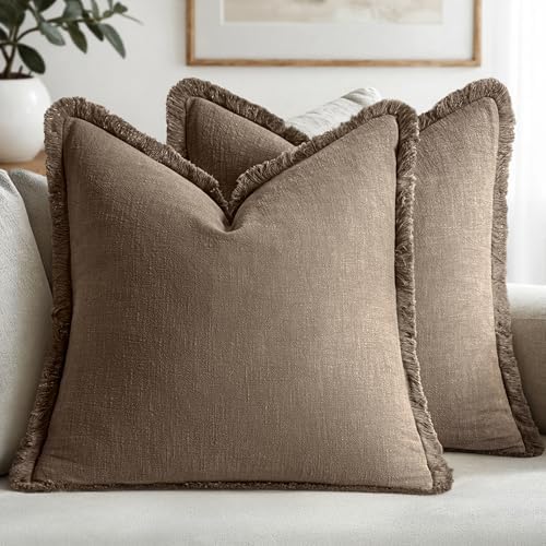 MIULEE Linen Fringe Decorative Fall Euro Pillow Covers Cocoa Brown 22x22 by MIULEE