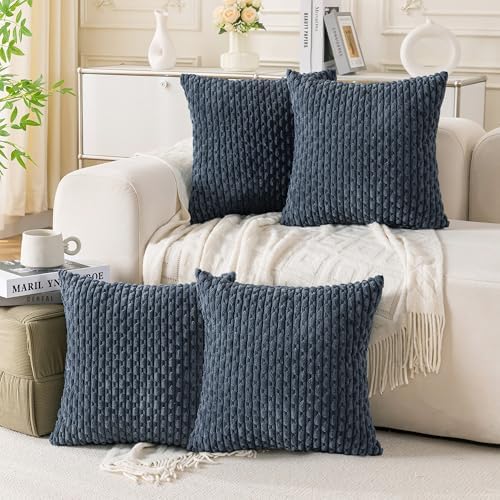 Set of 4 Grey Blue Decorative Throw Pillow Covers 18x18 Inch Corduroy Pillow Covers for Bed Couch Sofa Living Room Soft Square Cushion Cases by Cozoomy