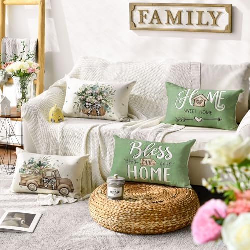 AVOIN colorlife Bless Our Home Farmhouse Eucalyptus Leaves Throw Pillow Covers, 12 x 20 Inch Green Truck Cushion Case Decorations Set of 4 - Image 2