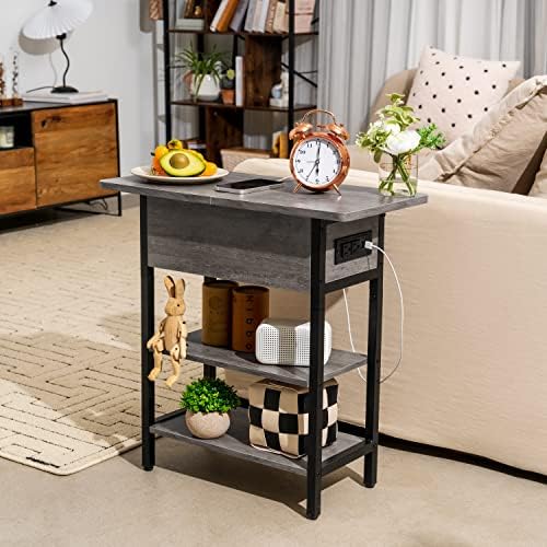 Yoobure End Table with Charging Station, Flip Top Side Table with USB Ports and Outlets, Sofa Couch Table Bedside Table for Living Room Bedroom, Narrow Nightstand with Shelves for Small Space Gray - Image 6