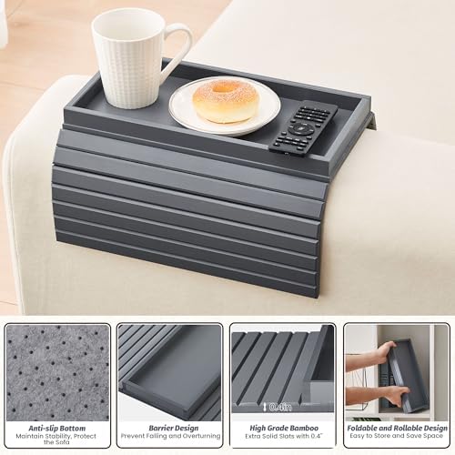 GEHE Bamboo Sofa Arm Tray, Foldable Couch Arm Tray Side Table, Anti-Falling Armrest Tables Cup Holder for Snacks, Drinks, Beers, Phone, Control, Flexible and Portable, Anti-Slip - Image 6