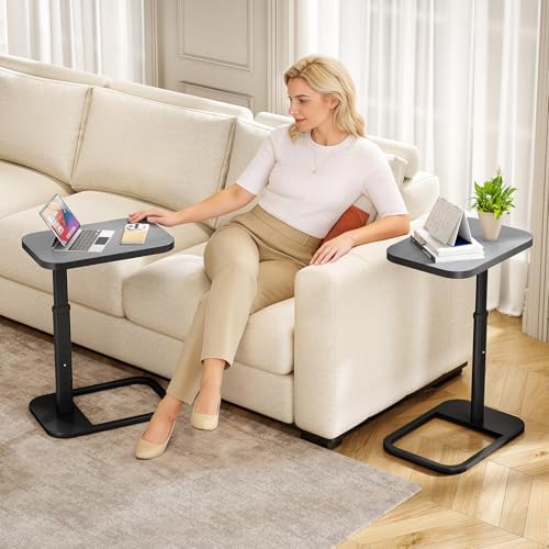 Kitstorack Adjustable Height C-Shaped End Table, 9-Level Side Table with Thickened Metal Rounded Edge, Couch Table Slides Under Sofa or Bed, Eating, Working, TV Tray Table for Small Spaces, Dark Gray - Image 2