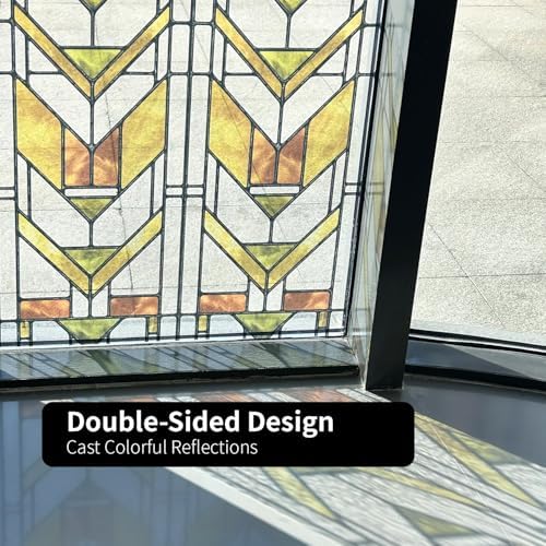 Faux Stained Glass Effect Transparent Window Film, Original Hand Drawn Static Cling Home Decal Inspired by Frank Lloyd Wright, 16.93" x84.65" Martin House, Boho - Image 2