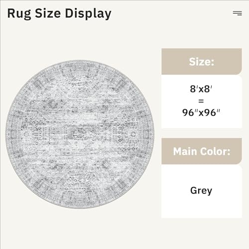 Soalmost Round Rugs 8ft Living Room Circle Area Rug 8x8 Grey Vintage - Image 3