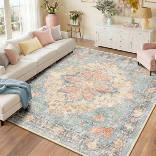 RELEANY Washable Area Rug, Square 8'x8', Blue/Orange/Red by RELEANY